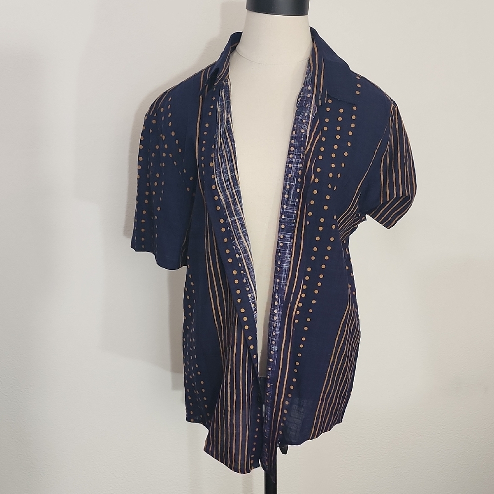 Vatpave Shirt Button Down Short Sleeve  Mens Polka dot and Stripe Navy Size M - Picture 4 of 11